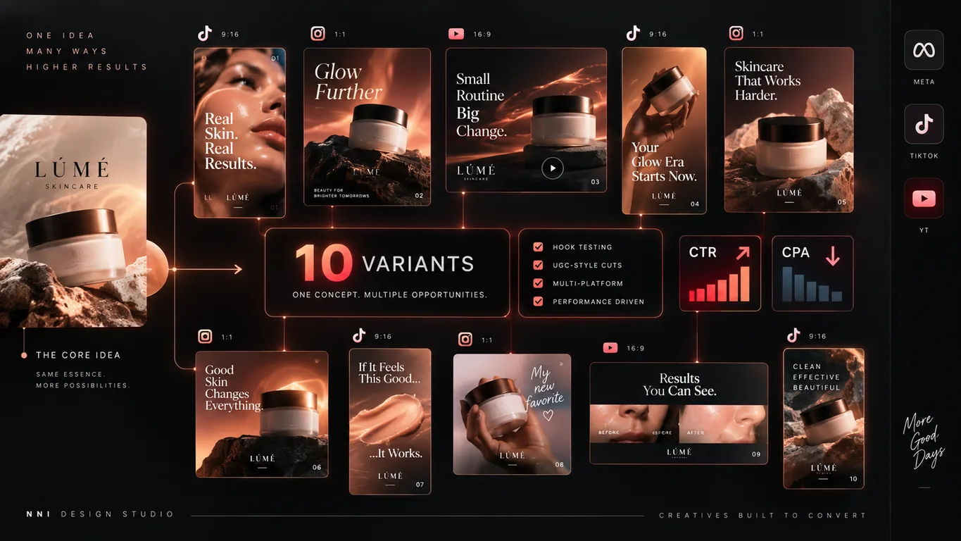 AI ad creatives — one core skincare idea expanded into 10 ad variants across TikTok, Instagram and YouTube with CTR up and CPA down