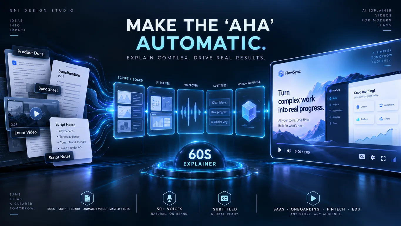 AI explainer workflow — script and board, UI scenes, voiceover, subtitles and motion graphics turning product docs and a Loom video into a polished 60-second SaaS walkthrough