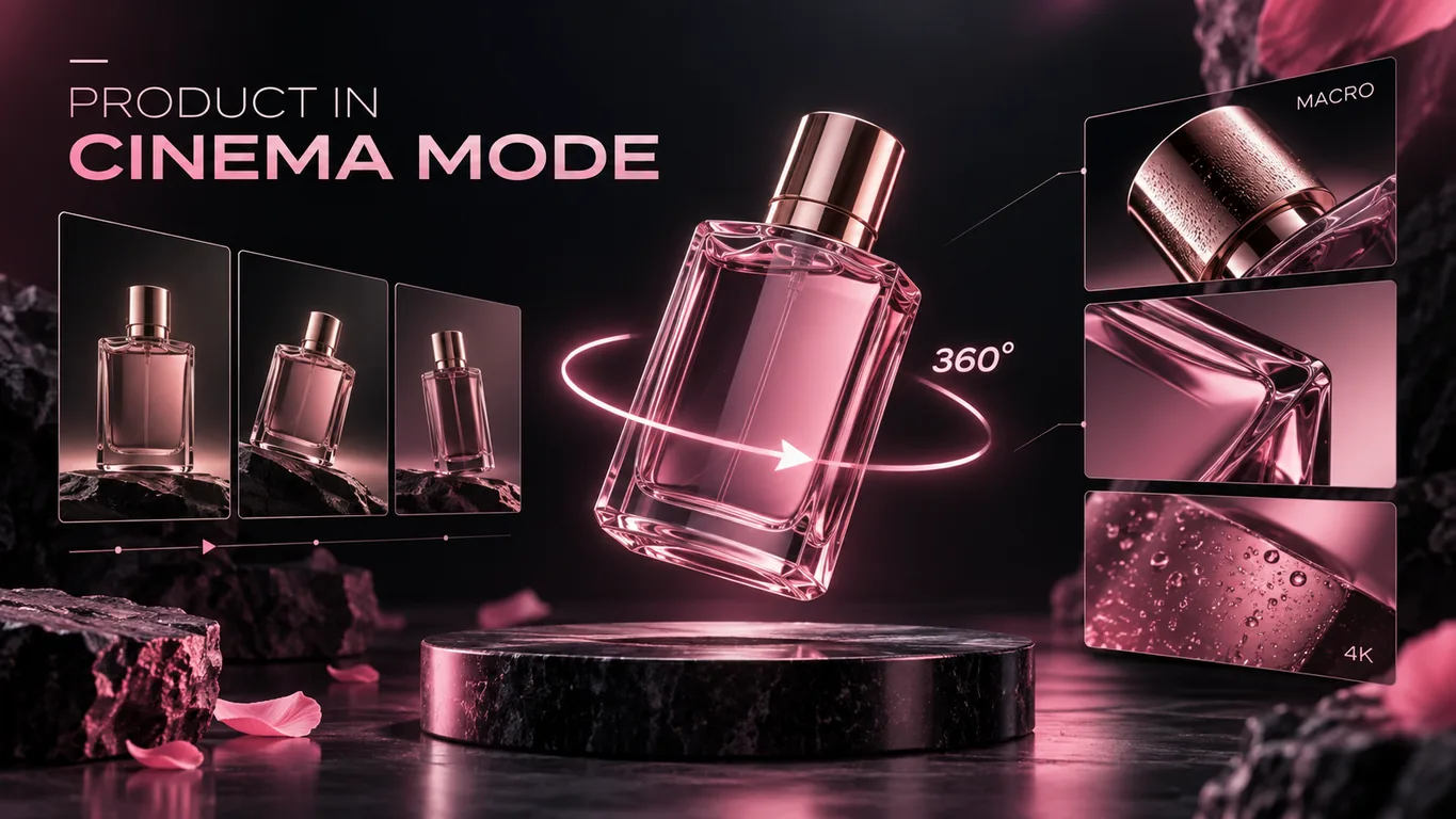 AI product video — perfume bottle 360° spin in cinema mode with macro and 4K detail frames