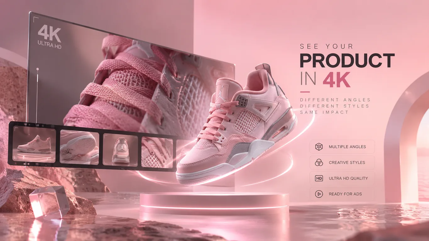 See your product in 4K — AI-rendered sneaker shown at multiple angles and styles, ready for ads