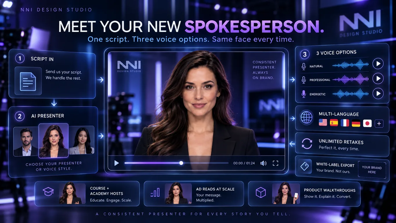 AI spokesperson video player with a consistent on-brand presenter, three voice options — natural, professional, energetic — plus multi-language, unlimited retakes and white-label export, with use cases for course hosts, ad reads and product walkthroughs