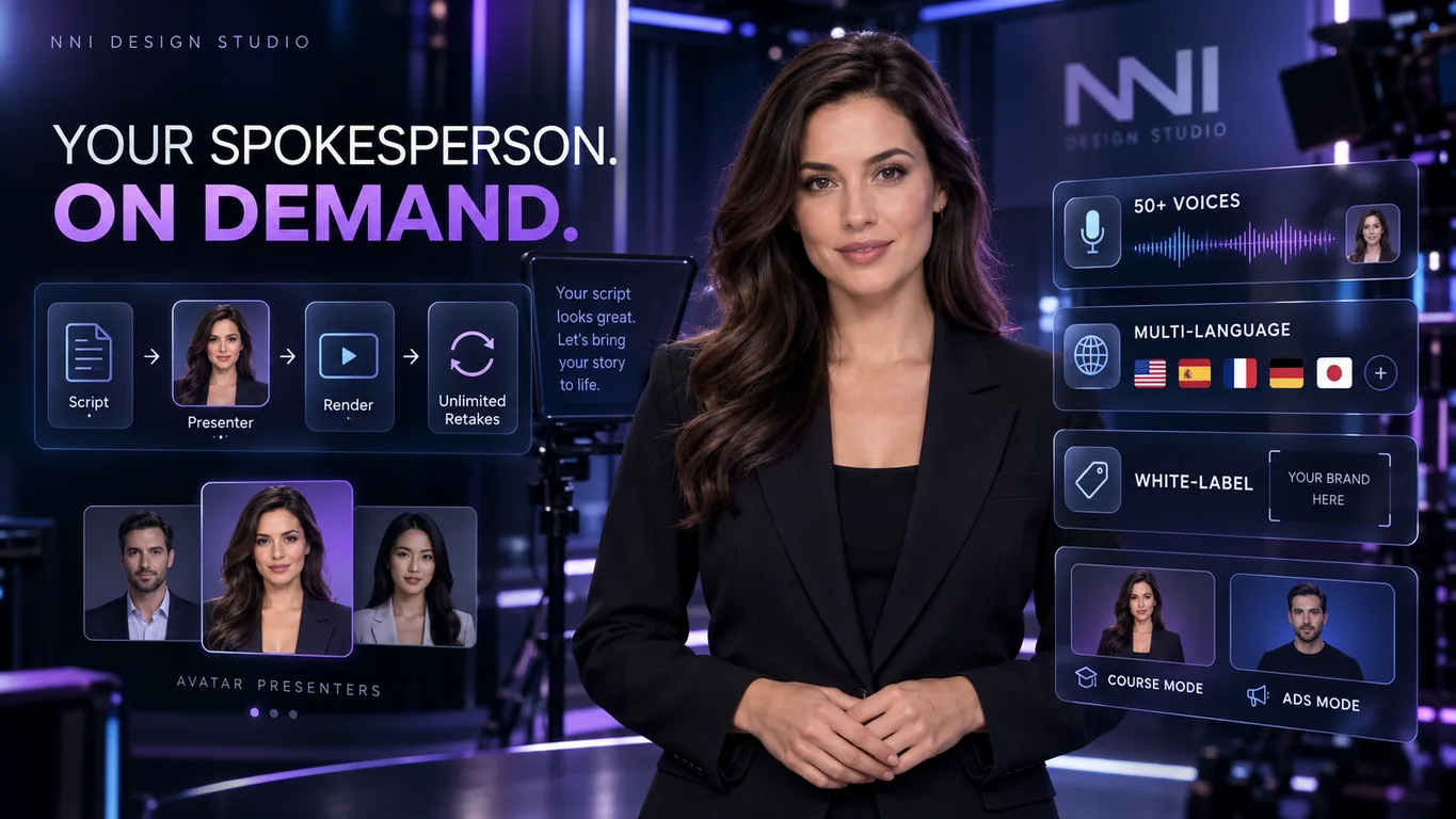 AI avatar presenter on a virtual studio set — script, presenter, render and unlimited-retake workflow with 50+ voices, multi-language options, white-label branding and course/ads mode panels